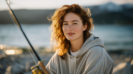 Camping and Fishing by a Lake with a Young Woman