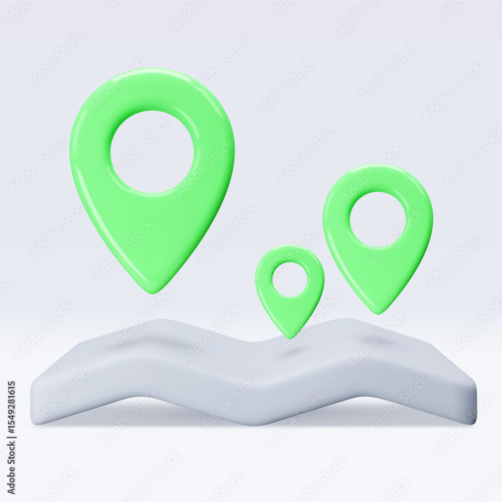 Poster green location pointers on map, placemark, markers of map, navigation pin sign. 3d gps icon. sign fo