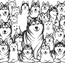 Siberian Husky Dog Vector Illustration in Black and White 