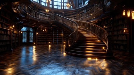 An exquisite spiral staircase takes center stage in a luxurious library, surrounded by towering bookshelves and illuminated by soft amber lights, evoking richness.