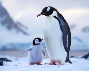 Obraz premium Adorable Emperor Penguin Chick Curiously Exploring the Icy Wilderness of Antarctica at Dawn Light