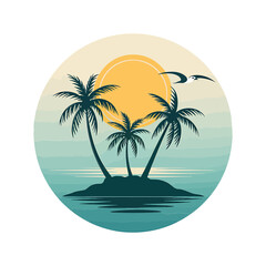 Tropical Island Sunset Vector Badges icon - Colorful  and white and black Paradise Scene. 