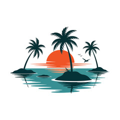 Tropical Island Sunset Vector Badges icon - Colorful  and white and black Paradise Scene. 