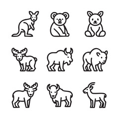 Adorable Australian & North American Wildlife Line Icons Kangaroos, Koalas, Bears, Moose, Bison, Deer