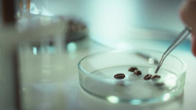 A researcher carefully uses tweezers to select coffee beans for testing in a lab. This process occurs in a controlled environment where quality assessment takes place
