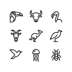 Diverse Animal Icons Line Art Collection of Toucans, Bulls, Flamingos, and More