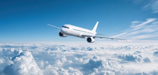 Obraz premium The airplane soaring gracefully through a bright blue sky over fluffy clouds.