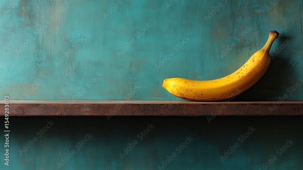 Poster this image showcases a vibrant yellow banana resting elegantly on a rustic shelf against a textured 