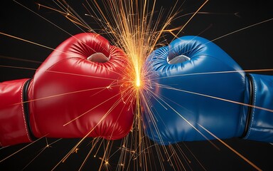 Red and blue boxing gloves colliding with sparks