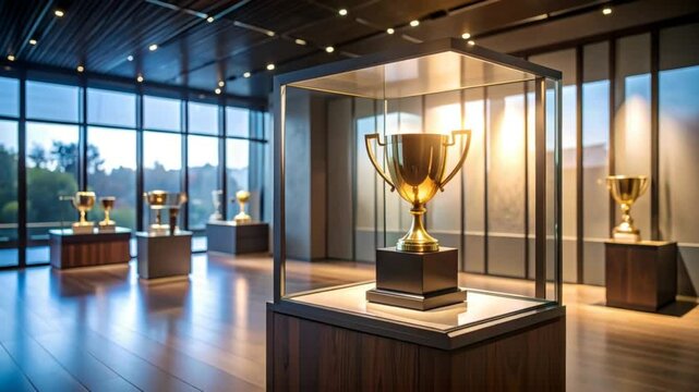 Golden trophy in modern exhibit case