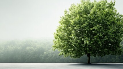 A solitary tree stands prominently against a soft, misty background, showcasing vibrant green leaves that contrast with the ethereal atmosphere of tranquility and solitude.