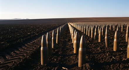 Ammunition Rows in Arid Landscape: Conceptual Composition