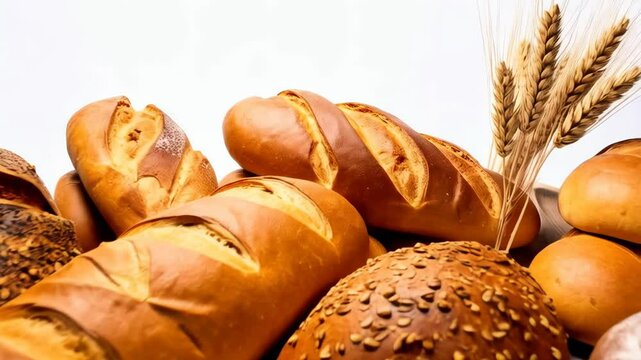 Freshly baked bread assortment on a white background with wheat stalks, close-up, variety of loafs and rolls.