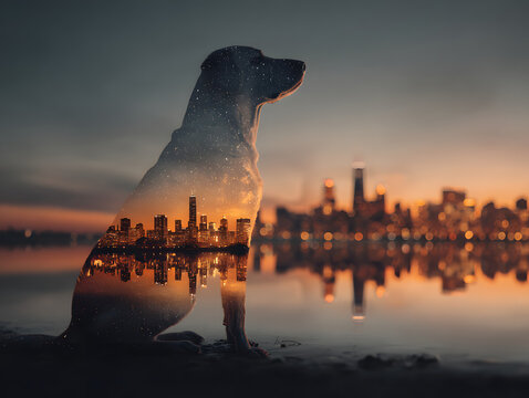 Dog silhouette, city skyline and night stars, double exposure, urban night sky, dreamy atmosphere