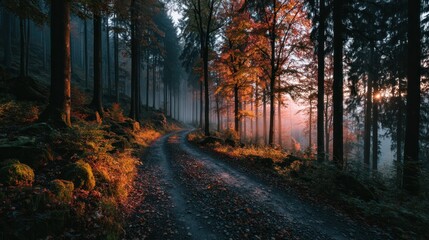 Obraz premium Autumnal forest path, sunbeams, misty