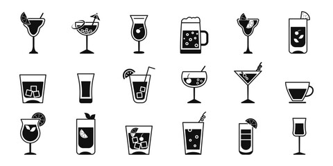 Drinks icons set. Glass wine, cocktails, coffee, tea, beer. Vector