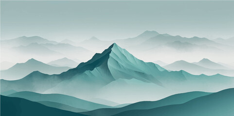 Morning fog embraces a serene mountain landscape, with peaks touching the sky and clouds drifting through the range