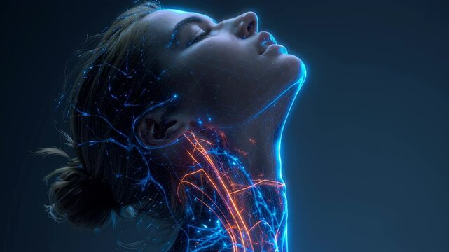 Glowing orange energy streaming through woman's cervical spine and nervous system, visualizing vital healing energy flow with anatomical precision and medical technology visualization