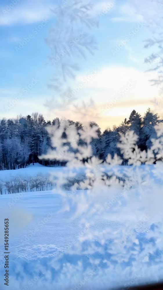 Aufkleber intricate frost patterns form crystalized snowflakes on a window pane overlooking a snowy landscape 