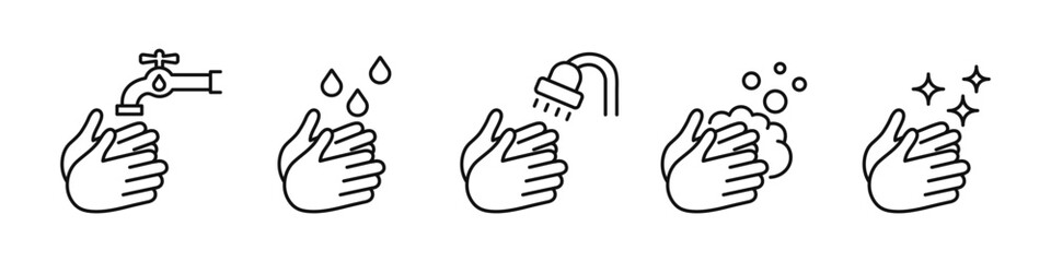Hand washing icon set. Vector line style