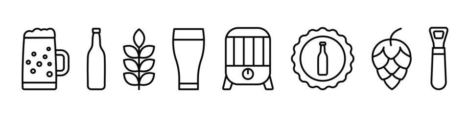 Beer line icons set. Bottle, glass, pint, keg. Vector
