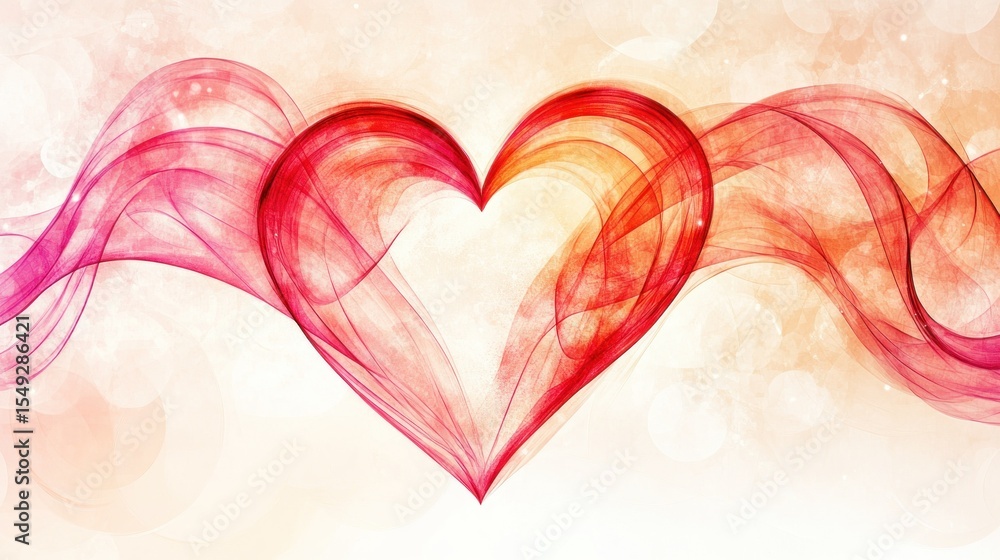 Poster abstract heart shape with flowing lines in red and orange tones