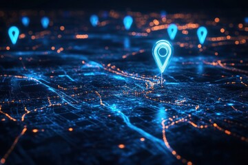 Abstract digital map with glowing location markers