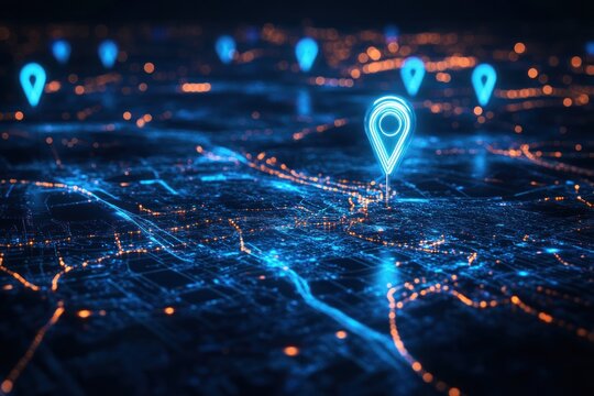 Abstract digital map with glowing location markers