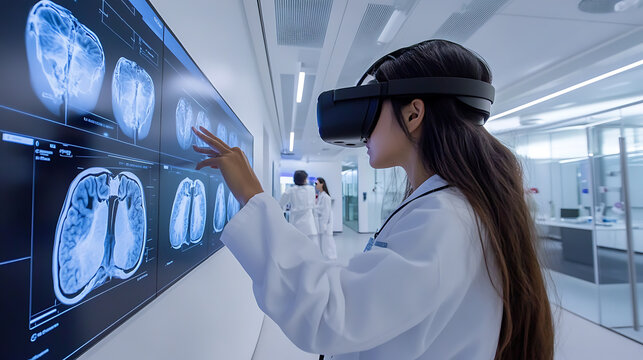 Scientist using VR headset to analyze brain scans in a modern laboratory