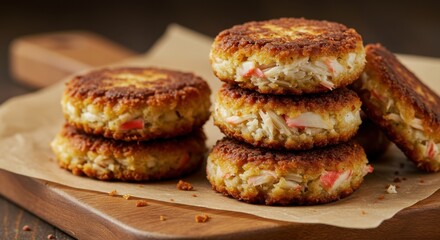 Delicious crab cakes stacked on wooden board with parchment paper  