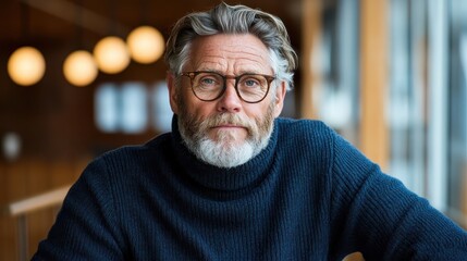 A mature gentleman with a gray beard and glasses gazes thoughtfully at the camera, showcasing a sense of wisdom and confidence in his relaxed environment.