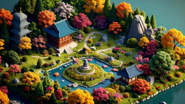 Isometric garden island featuring traditional buildings, colorful trees, and a circular pond, showcasing a vibrant and peaceful landscape with stone paths.