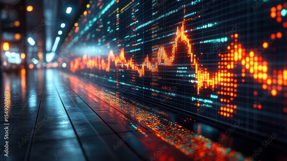 Poster financial data visualization displayed on a digital screen in an urban environment