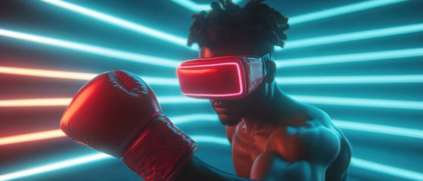 Man wearing vr glasses and boxing gloves in neon lighting