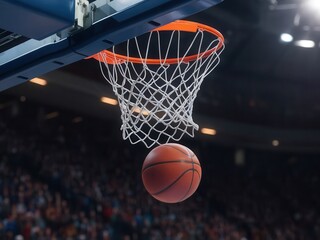 Basketball soars toward the hoop in a stadium with blurred spectators