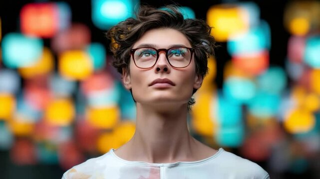 Person against a dynamic, abstract cityscape or digital space. Looking up to the future: an open-minded person with an open mind, full of hope and aspiration for the new against a backdrop of vibrant