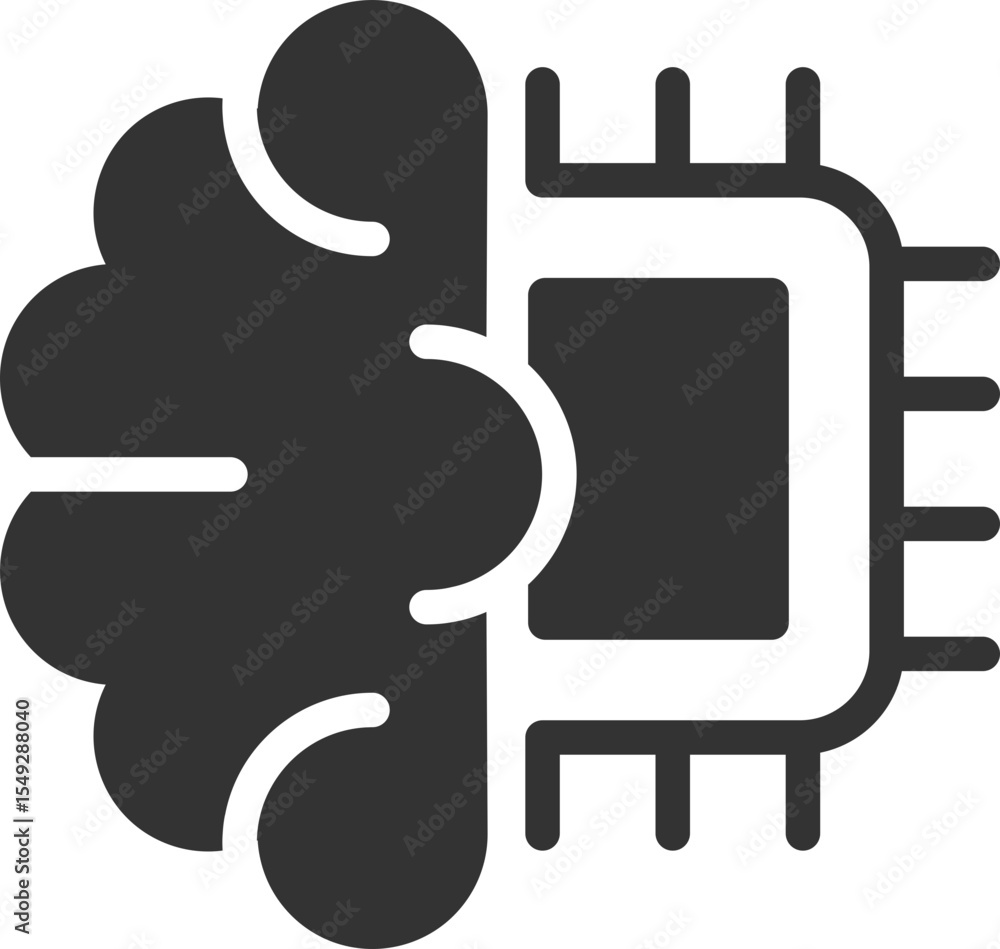 Poster illustrative icon combining a human brain with a computer chip. represents artificial intelligence, 