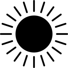 Simple sun icon, radiating light. Black silhouette against white. Perfect for weather, summer, energy concepts. Vector art for designs needing brightness.