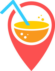 A refreshing, modern logo icon featuring a vibrant drink within a map pin. Perfect for travel, food apps, or summer promotions. Bright colors convey energy and fun.