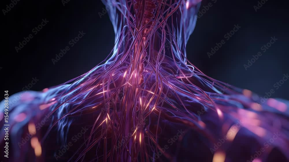 Poster electrical impulses flowing through nervous system in neck and shoulders area, showing complex netwo