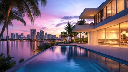 Fototapeta premium Modern waterfront home at sunset
