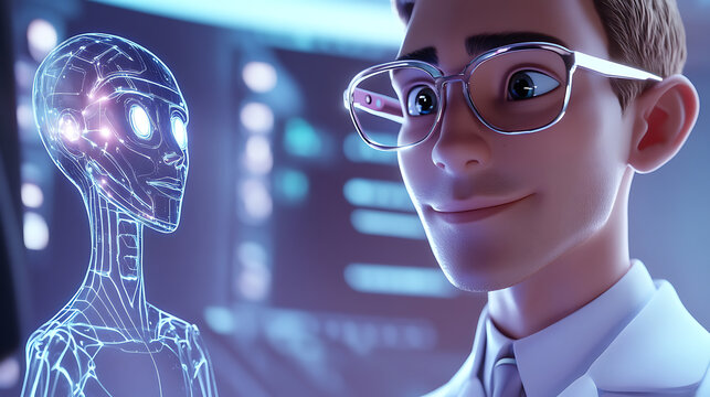 Scientist Observing a Futuristic Robot in a High-Tech Environment