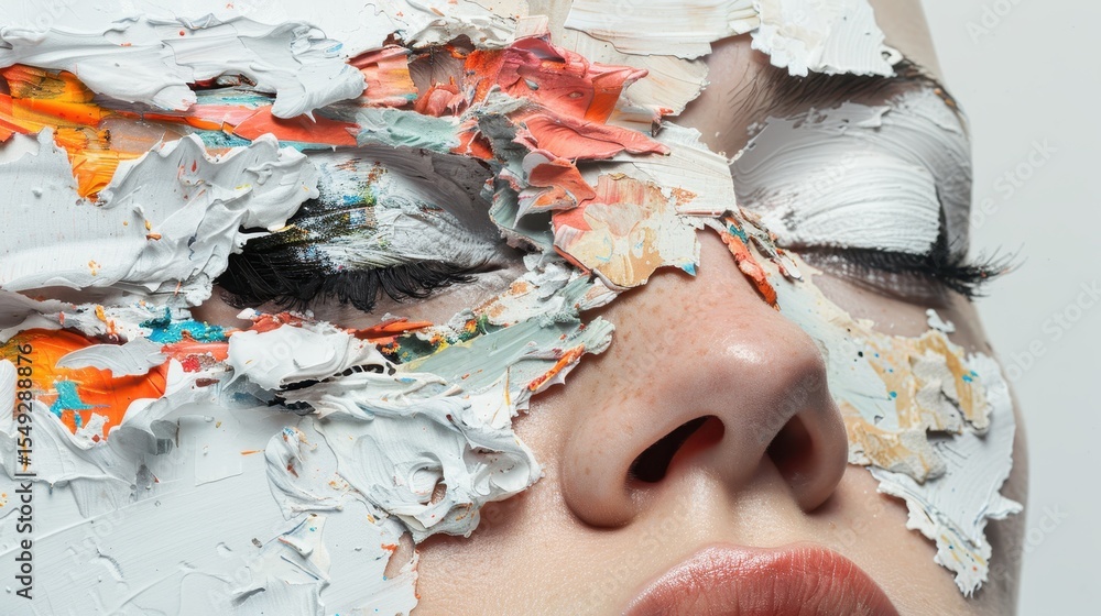 Poster a close-up of a face adorned with thick layers of abstract paint, creating a striking visual represe