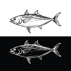 Stylized Black and White Tuna Fish Illustration Set.