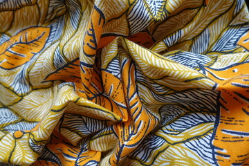 Crumpled colorful orange, white and blue cotton fabric