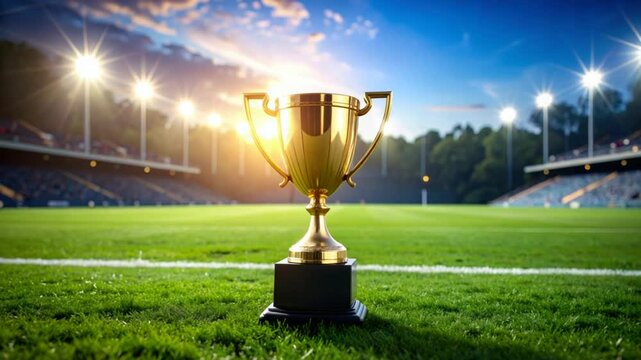 Golden trophy on stadium grass
