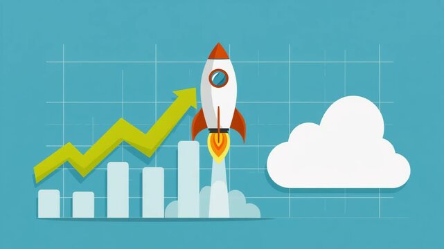 Animated Rocket Taking Off with Growth Chart &ndash; Business Launch and Success Concept on Grid Background