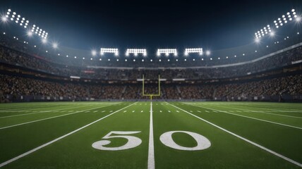 American football stadium with crowd at night for sporting event