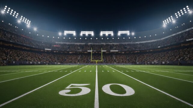 American football stadium with crowd at night for sporting event