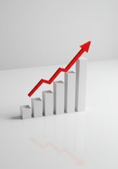 3D bar graph with upward trend and red arrow on white background  